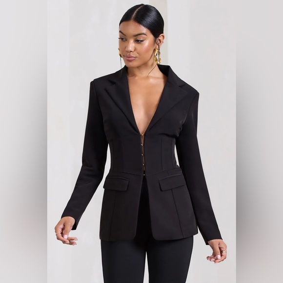 UNBEATEN BLACK PLUNGE CORSET WAIST BLAZER CLUB L LONDON US2 NEW - Picture 6 of 10